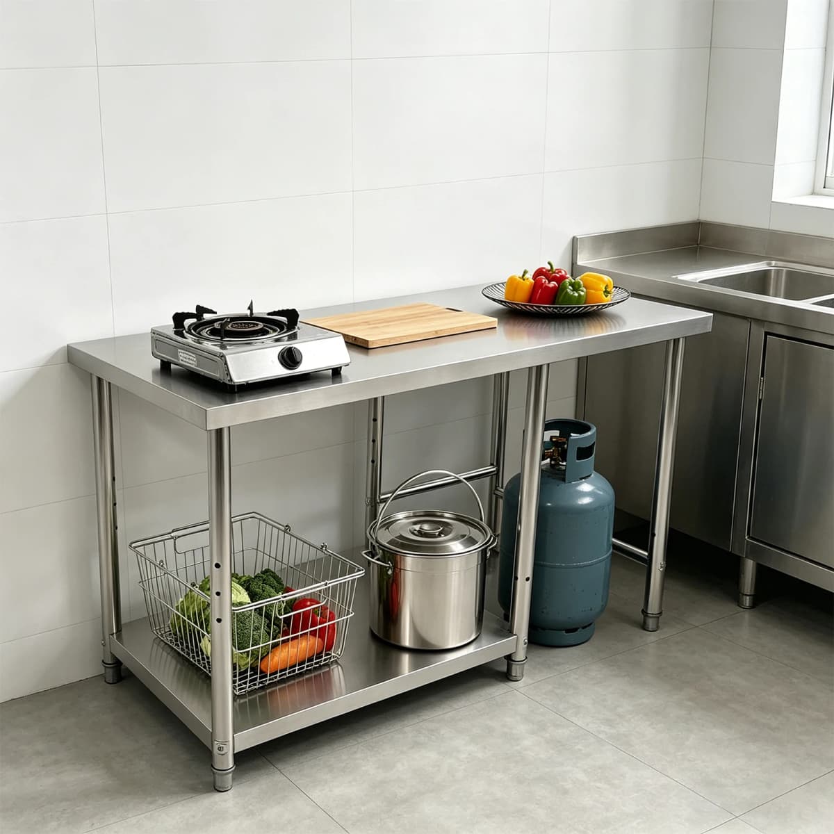 Stainless Steel Work Table, Prep Table with Lower Shelf, Heavy Duty Commercial Kitchen Workstation for Home Restaurant