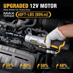 3/8" Cordless Ratchet Wrench Set, 60FT-LBS(80N.m) Electric Ratchet, 12V Extended Power Socket Wrench Set with Variable Speed, 6 Sockets, LED Light, 1/4" Adapter,1/2" Adapter,2 Batteries