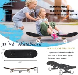31"x8" Skateboard for Beginners & Pros - 7-Ply Canadian Maple, Double Kick, Concave, Complete