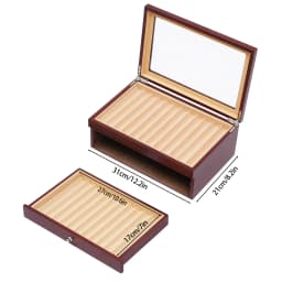 Pen Display Box-3-Tier 34 Compartments Red Retro, Rosewood MDF Velvet Lined Glass Lid, Electroplated Hinges No Assembly for Pens