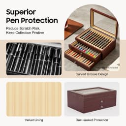 Pen Display Box-3-Tier 34 Compartments Red Retro, Rosewood MDF Velvet Lined Glass Lid, Electroplated Hinges No Assembly for Pens