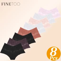 FINETOO 8Pcs Women Sexy Floral Lace Boyshort Underwear Mid‑Rise Stretch Sheer Hollow Lace Panties Breathable Comfortable Soft Ladies Brief Underpants Assorted Multicolor Lingerie Set for Everyday Wear S‑XL
