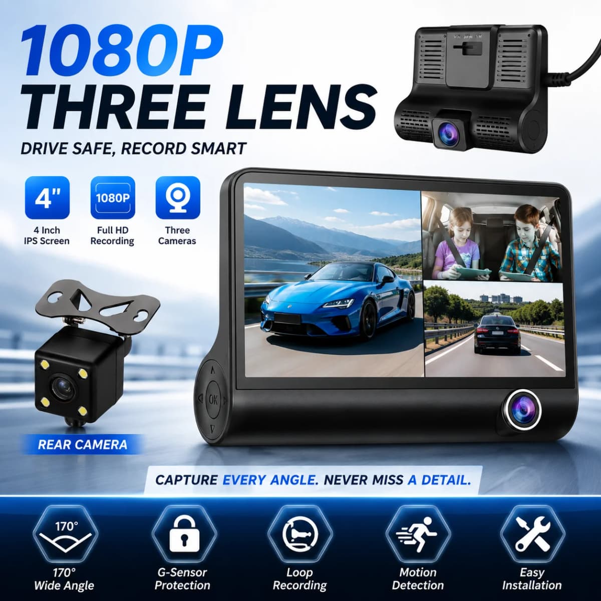 1080P FHD DashCam Car DVR 4-Inch IPS Auto Video Recorder with Three-Lens Rear View Camera Night Vision Black Box