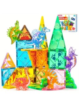JOYFY 50Pcs Magnetic Building Tiles Dinosaur Set for Kids Christmas Birthday Gift 5 Cute Dinosaurs Educational STEM Toy