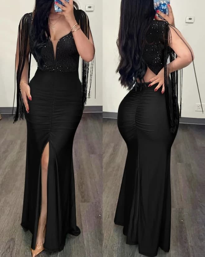 Elegant Evening Party Dresses for Women Sexy Contrast Sequin Ruched Slit Evening Dress 2026 New Fashion Casual Female Clothing