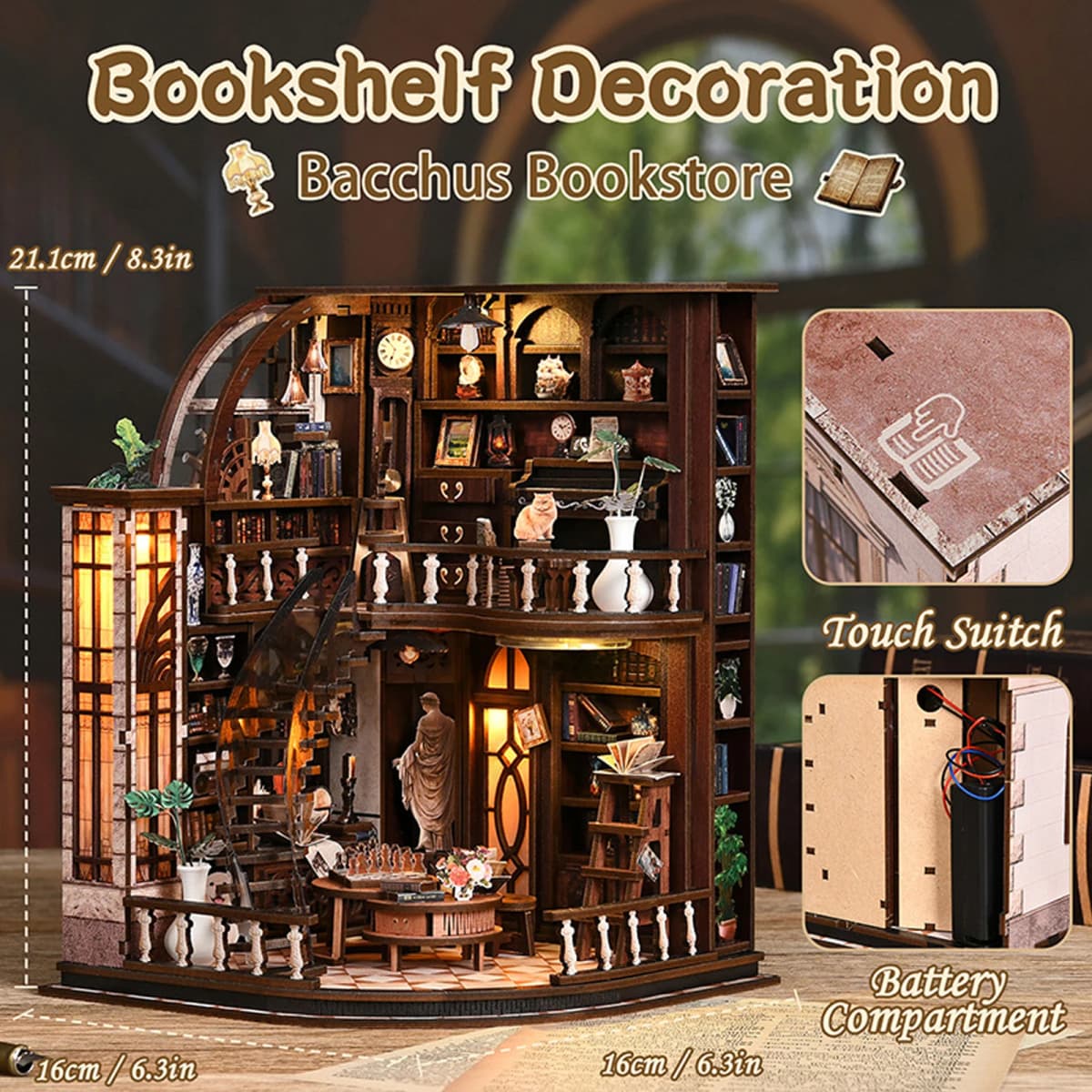 3D Wooden Puzzle for Adults Bacchus Study Book Nook with Lights Model Kit Dollhouse DIY Miniature House Birthday and Christmas Gifts