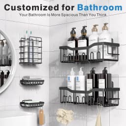 Shower Caddy Organizer, 5-Pack Adhesive Rustproof Stainless Steel Shower Shelves with Soap Holder, No Drilling Shower Storage Rack for Family Renters Bathroom, Black