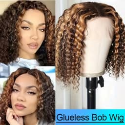 Ombre Highlight Bob Wigs Human Hair 4/27 Highlight Glueless Wig Deep Wave Curly Honey Blonde Lace Front Bob Wigs Ready To Wear