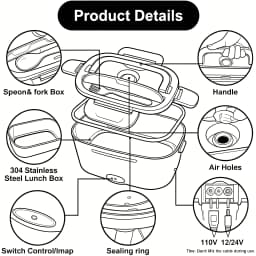 us USA Local Fast Shipping 1.5L Portable Electric Lunch Box, 60W Food Heater for Car & Home, Leak-Proof with Stainless Steel Container, Insulated Heating Student Lunch Box, Hot Waterless Heating Rice Box, 12V/24V Car Plug, Includes Spoon & Leak-Proof Seal