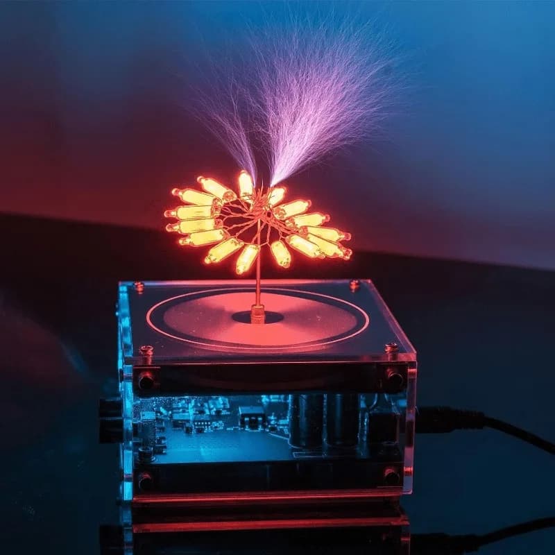 Tesla coil speaker with plasma storm effect. Cool desktop gadget with artificial lightning, creative decorative gift.