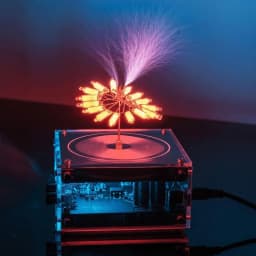 Tesla coil speaker with plasma storm effect. Cool desktop gadget with artificial lightning, creative decorative gift.