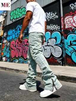 HME Men's Flared Denim Pants, Light Blue Vintage Jeans with Rips & Zipper Hem for Casual Style