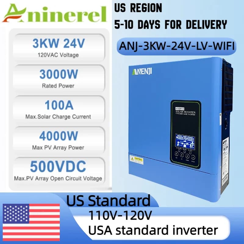 ANENJI US standard 110-120V 3KW 24V hybrid Solar Inverter builtin MPPT 100A Charger Controller Pure Sine Wave Home Inverter WiFi