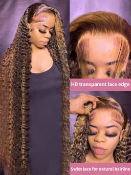 Highlight Deep Wave 13x6 HD Lace Frontal Wig Human Hair 40 42 Inch Honey Blond Curly 13x4 Lace Front Wigs For Women Pre Plucked