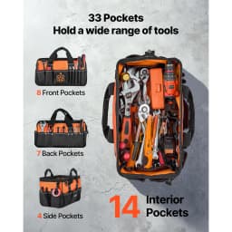 SucceBuy 15.7in Tool Bag with 33 Pockets, Portable Organizer with Soft Handle, Large Zipper&Adjustable Shoulder Strap for Tools