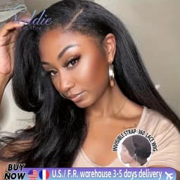 Kinky Straight Invisible Strap 360 Full Lace Wig Human Hair 220 Density Brazilian V Part Kinky Straight Wig No Leave Out No Sew In