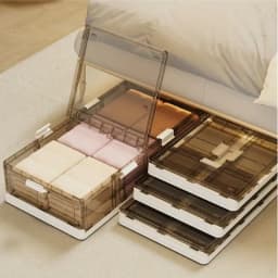 Foldable Under Bed Storage Box with Clear Transparent Flip Lid & Built-in Rolling Wheels, Collapsible Stackable Plastic Underbed Storage Container with Side Gripping Handles, Dustproof Low Profile Organizer for Clothes, Blankets, Bedding, Toys, Bedroom, D