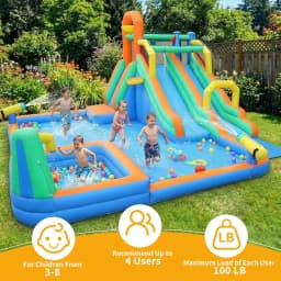 Double-Slide Inflatable Bounce House with Swimming Pool, Climbing Wall & Ring Toss Game – Indoor/Outdoor Bouncy Castle Includes 680W Blower for Backyard, Ages 3-8