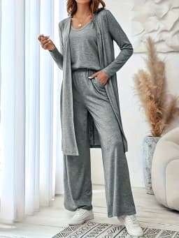 Plus Size Women 3 Piece Outfit Set, Long Sleeve Open Front Cardigan + Tank Top + Wide Leg Pants Loungewear