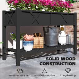Wooden Raised Planter Box, 47 X 22 X 31.5 in Raised Flower Bed with Storage Shelf, Drainage Holes, and Liner, Black