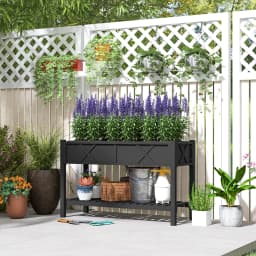 Wooden Raised Planter Box, 47 X 22 X 31.5 in Raised Flower Bed with Storage Shelf, Drainage Holes, and Liner, Black
