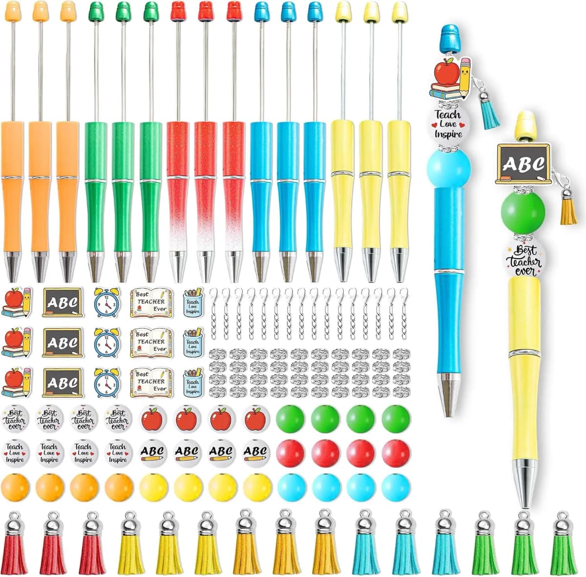Teacher Beadable Pens Craft - 15 Set Teacher Day Appreciation Gift, DIY Thank You Teach Beaded Pen Making Kit with Beads Bulk, Make Your Own Wood Beading Ballpoint for Student Classroom Party