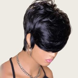 Short Wavy Wig with Bangs Brazilian Remy Human Hair Pixie Cut Natural Black Wavy Styles Everyday Wig Full Machine Made