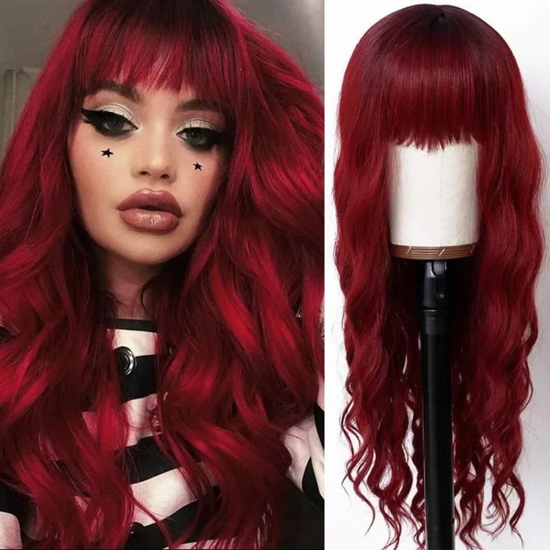 Hand-knitted Long Curly Hair Wig, Female Bangs, Wine Red Wavy Long Hair