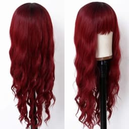 Hand-knitted Long Curly Hair Wig, Female Bangs, Wine Red Wavy Long Hair