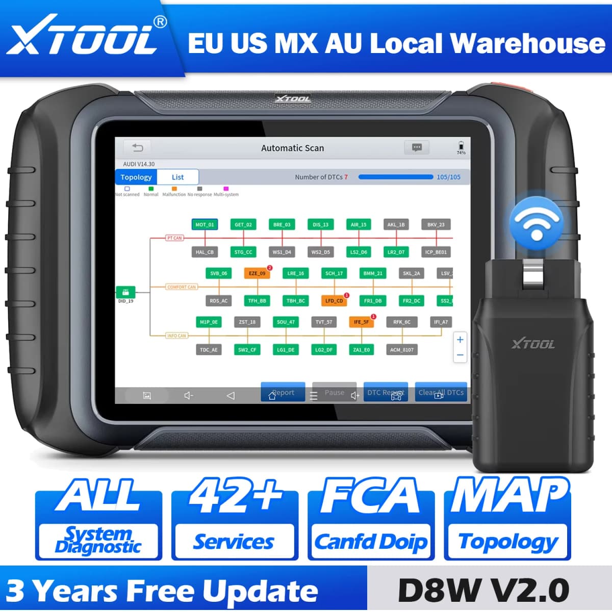 XTOOL D8W V2.0 Car Diagnostics Tool Automotive Scanner ECU Coding CANFD DOIP FCA All System Bi-directional 42 Reset Topology Map