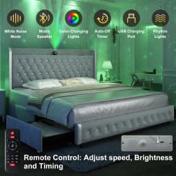 GEGOFORU Queen LED Bed Frame with Galaxy Projector, Bluetooth Speaker, USB Ports, 4 Drawers, No Box Spring Needed, PU Black