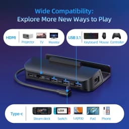 NEWDERY Steam Deck Dock 6 in 1 Steam Deck Rog Ally Docking Station Stand 3*USB 3.0 HDTV 4K@60Hz Gigabit Ethernet PD 100W Hub