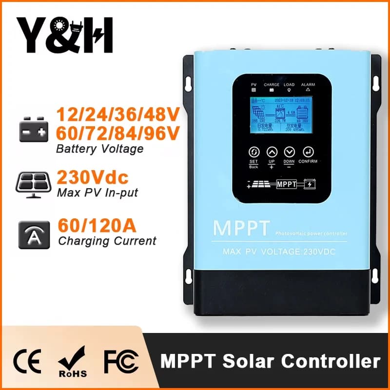 Y&H MPPT 120A Solar Charge Controller 12V-96V with LCD, Max Solar Panel Input 230Vdc for Lifepo4 Lithium GELLead Acid Battery