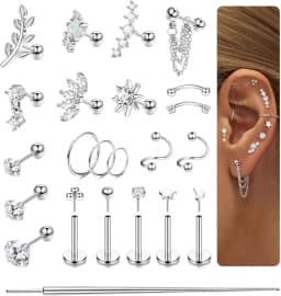22Pcs 16G Cartilage Earrings for Women-Surgical Stainless Steel Earring Set Flat Back Earrings Nose Studs Helix Piercing Jewelry