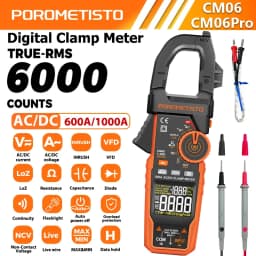 CM06/CM06Pro Auto-ranging Clamp Meter 600A/1000A True RMS Inrush AC DC Voltage Tester Digital Multimeter Ammeter Ohm Capacitance Frequency Temp NCV VFD LoZ Duty Cycle Resistance Diode Continuity with Case Flashlight Test Leads