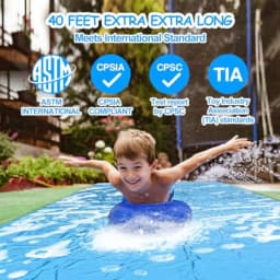 Backyard water slide for kids and adults, heavy-duty PVC, blue and yellow, 40FT giant slip-and-slide with 14 stakes and 2 infla