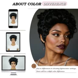 Natural Black Voluminous Fluffy Short Curly Pixie Cut Human Hair Wig, Lightweight Solid Black Bouncy Loose Curl Short Pixie Wig, Full Machine-Made for Daily Wear and Wedding/Birthday Special Occasions