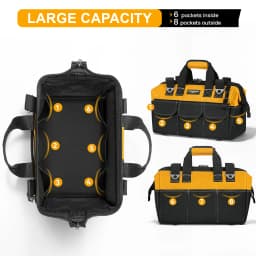 Tool Bag, Open Top Tool Organizer Bag with 14 Pockets, Adjustable Shoulder Strap, Soft Handle and Durable Zipper | Heavy Duty Tool Bags for Men, Father’s Day (Yellow/Black)