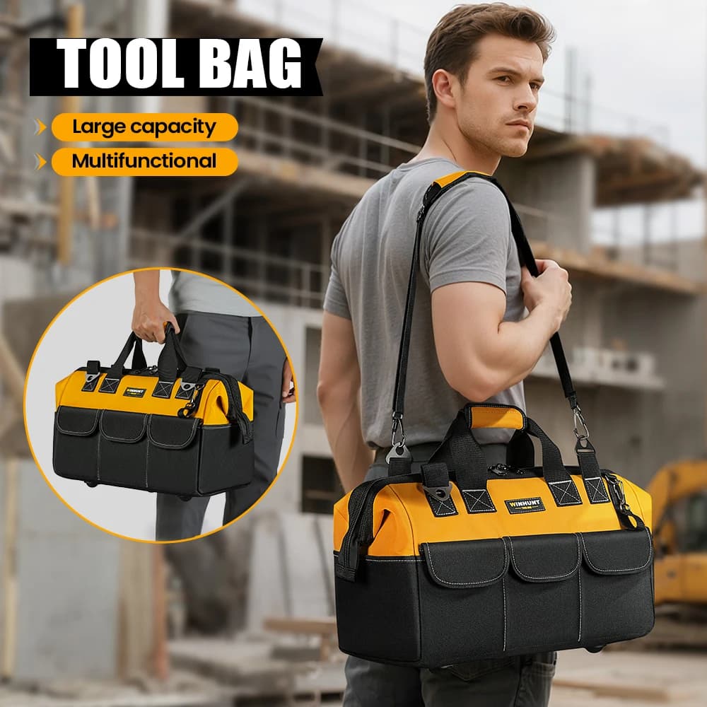 Tool Bag, Open Top Tool Organizer Bag with 14 Pockets, Adjustable Shoulder Strap, Soft Handle and Durable Zipper | Heavy Duty Tool Bags for Men, Father’s Day (Yellow/Black)