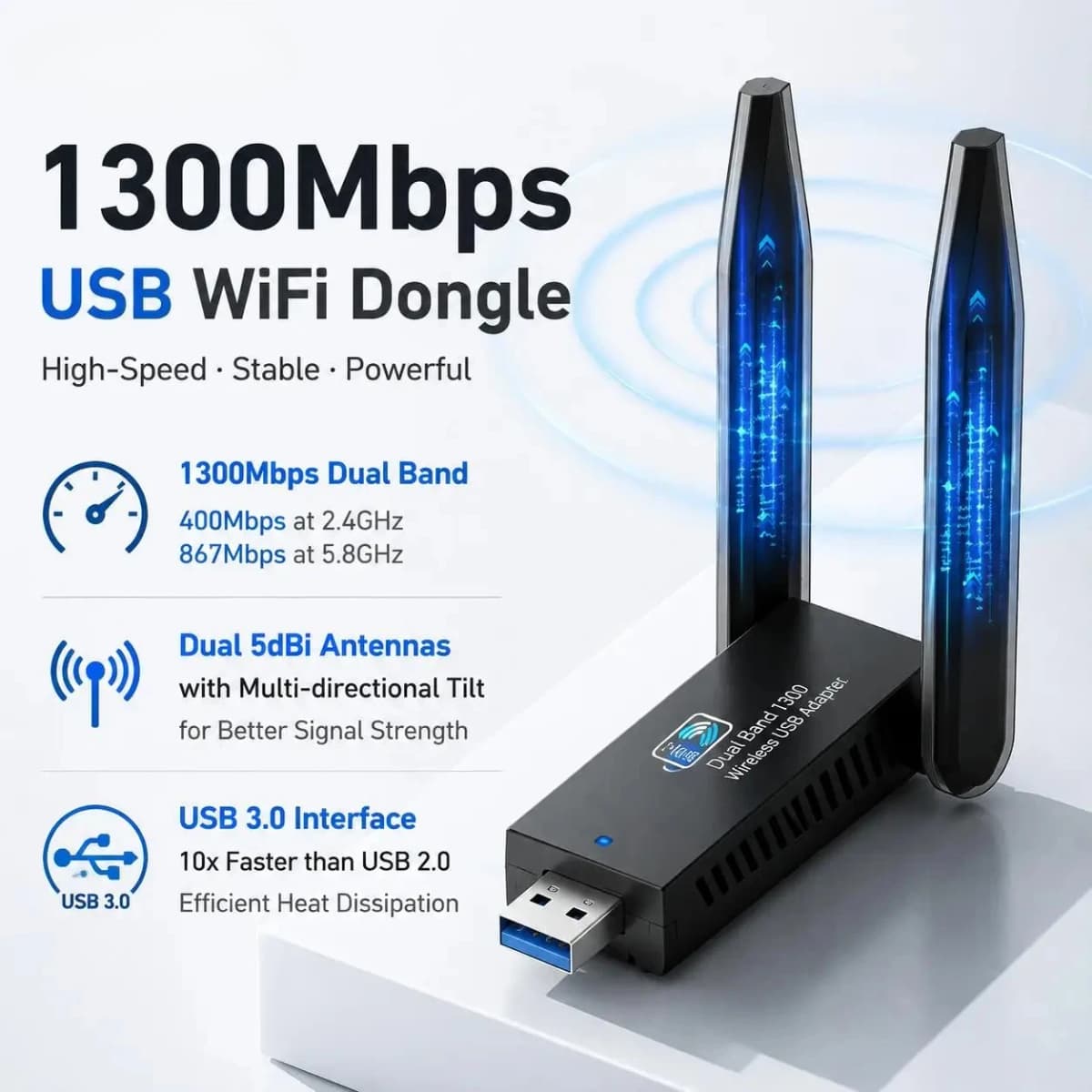 USB 3.0 WiFi Adapter 1300Mbps Dual Band 5GHz 2.4GHz High Gain Antenna Long Range Wireless Network Card for PC Laptop Desktop Windows 11 10 8 7 Vista XP Compatible with AC1300 802.11ac Internet Receiver