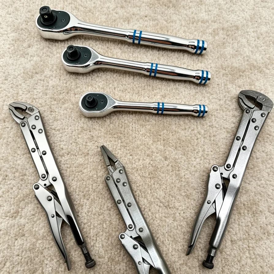3 Pieces 1/2" 3/8" 1/4" 100-Tooth Quick-Release Ratchet-Wrench Set And 3 Pieces 12" Locking Pliers Set - Straight/45°/90° Angled Jaws for Hard-to-Reach Gripping & Clamping