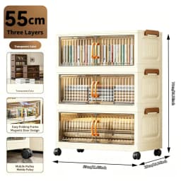 5-tier foldable stackable plastic storage cabinet, no assembly needed, with magnetic vertical transparent double doors and brown handles, foldable rolling storage box, 58cm wide, with universal wheels, perfect for organizing clothes in the bedroom, kitche