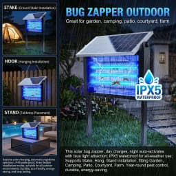 Solar Bug Zapper Outdoor IPX5 Waterproof UV Blue Light Mosquito Killer Lamp Auto Light Sensor Solar Powered Insect Fly Trap for Garden Farm Patio Yard Camping