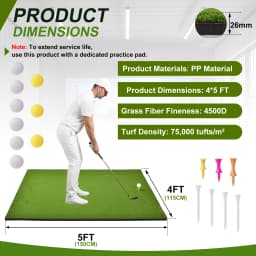 5x4ft Golf Hitting Mat with Balls and Tees Complete Practice Training Aid for Outdoor Indoor Use Heavy Duty Artificial Turf for Backyard Chipping Garage Driving Range Simulator Shock Absorbing Anti Slip Base