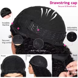 Half Wig Adjustable Drawstring Wig Cap Glueless Wig 250% Density Jerry Curly Natural Black Human Hair Wigs