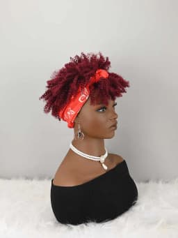 Headband Wig Curly Headband Wig With Bangs For Women Synthetic Afro Curly Hair Wig With Headband Attached Short Kinky Curly Afro High Puff With Bangs Stripes Short Red Curly Wigs with Bangs for Women, Natural Wavy Synthetic Wig, Fluffy Pixie Cut