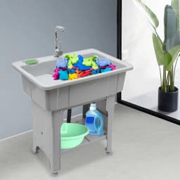 BYMAOCAR Multifunctional Freestanding PP Utility Laundry Sink with Hot & Cold Water Faucet, Indoor Outdoor Heavy Duty Wash Tub Station
