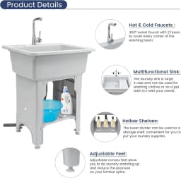 BYMAOCAR Multifunctional Freestanding PP Utility Laundry Sink with Hot & Cold Water Faucet, Indoor Outdoor Heavy Duty Wash Tub Station