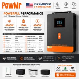 PowMr USA 4.5KVA 4200W/4.2KW 24V Hybrid Solar Inverters 220Vac Output Max 6200W 500Vdc PV Input With MPPT 120A Charge Regulator Support Wifi for Lifepo4 Power Bank Home RV Cabin Solar Energy Storage System