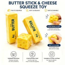 Best-selling stress-relief squishy butter cheese toy! Soft and smooth to squeeze with satisfying rebound. Cute yellow cube design with realistic detail—great as a gift, party favor, or daily stress toy.